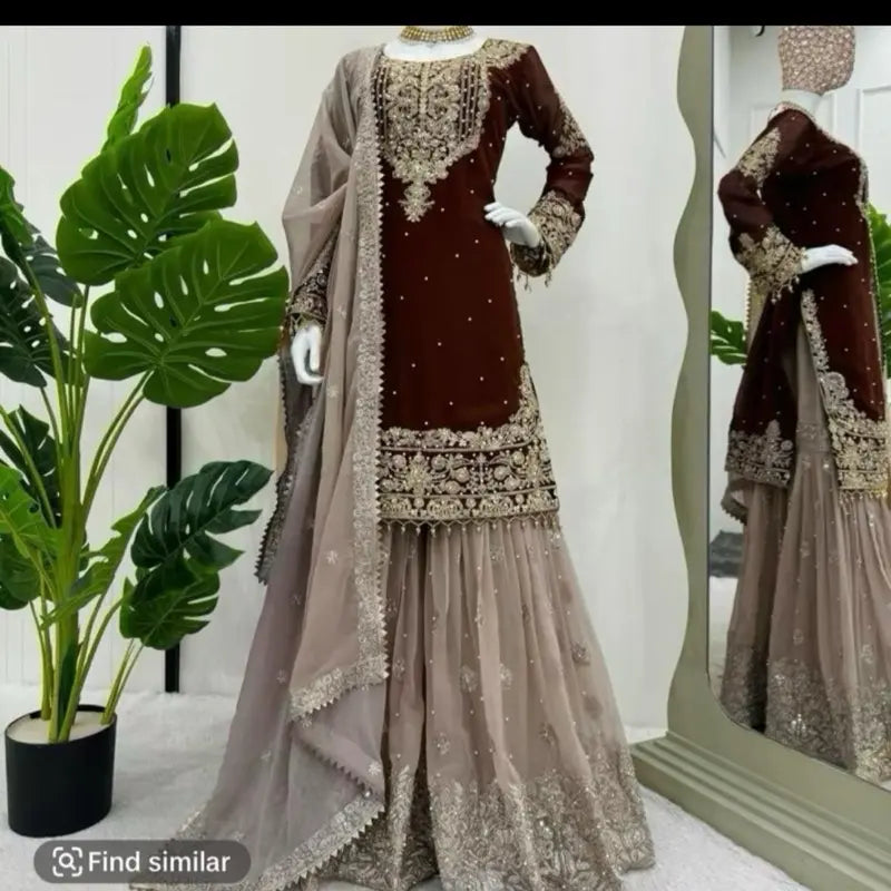 Women Faux Georgette Sharara Indian Suit Party Wear Wedding Set