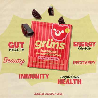 Grüns Raspberry Lemonade (Limited Edition) Superfood Gummies: Comprehensive Nutrition Supplement with 60+ Ingredients: Vitamins and Minerals, Prebiotics for Digestive Health, Adaptogens, Chlorophyll, Chlorella, Gluten Free, Vegan, Third Party Tested