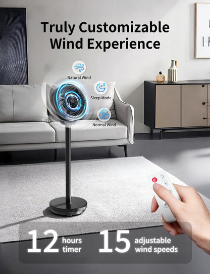 Pedestal Fan for Bedroom, 180° Wide Oscillating & 90° Vertical Tilt, 25Db Ultra Quiet DC Motor Standing Fan with Remote, 15 Speed Settings, 3 Modes, 12H Timer, 15-38" Height Adjustable