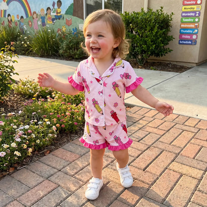 Toddler Girl Back to School Silk Pajamas Short Sleeve Apple Pencil Bow Print Shirt+Shorts First Day of School Outfit