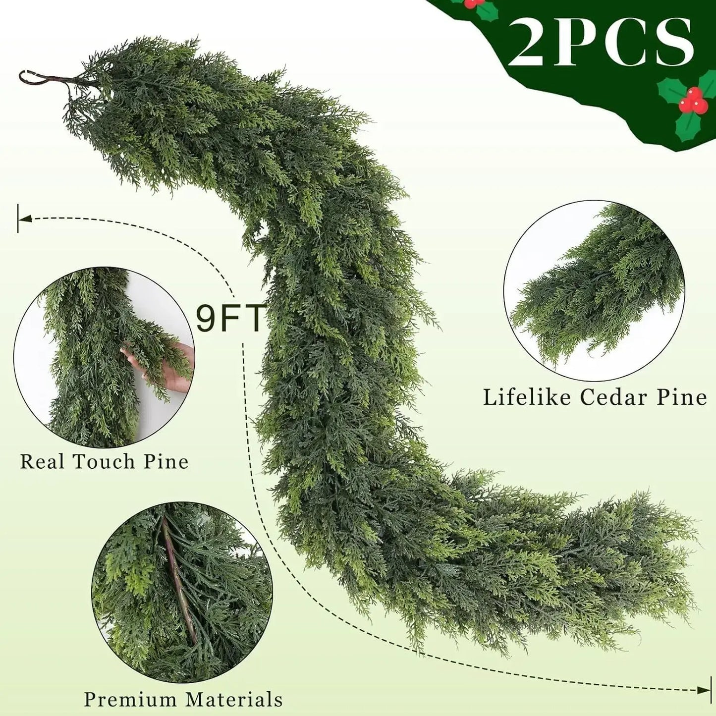 2-Pack 6 FT Artificial Cedar Garlands, Real Touch Winter Cedar Garland, Green Artificial Greenery Pine Garland for Table, Mantle, Wall, Indoor & Outdoor Christmas Decorations (2 Pcs, 6 FT).