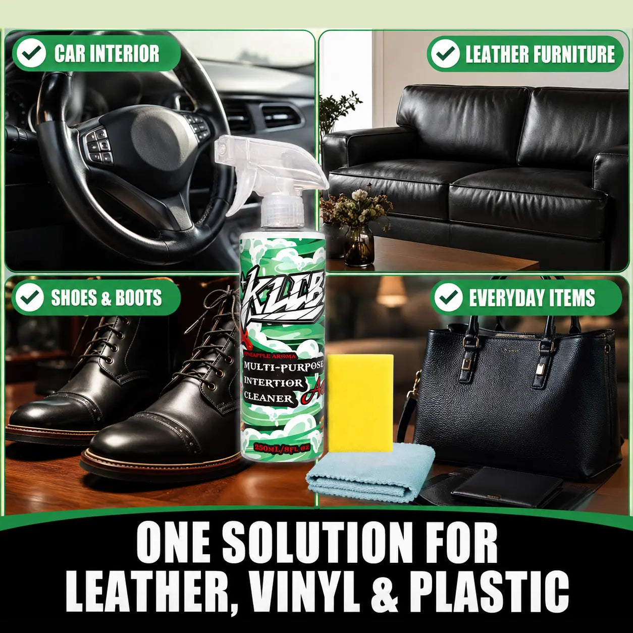 Multi-Purpose Car Interior Cleaner Spray Kit with Sponge & Towel– Removes Dirt, Grime & Odor Instantly | Restores Dashboard & Seats | Safe for Leather, Plastic & Fabric | Fresh Clean Finish