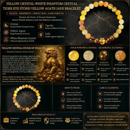 KROAFA Wealth Bracelet Featuring Yellow Agate, White Ghost Agate, and Tiger’S Eye—A Lucky Bracelet That Attracts Wealth, Prosperity, and Abundance; a Yellow Beaded Protective Bracelet for Wealth, Encouraging Gifting.