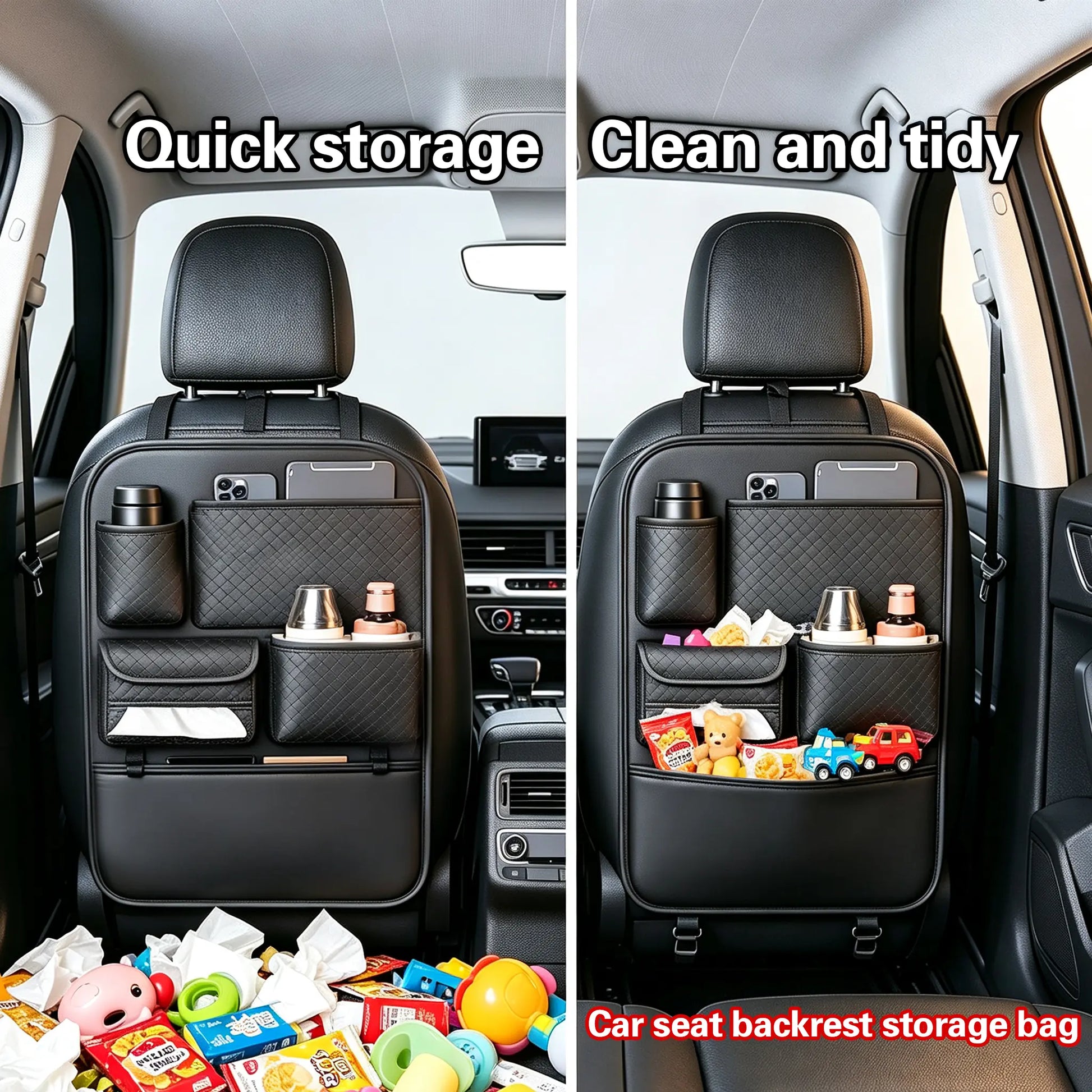 Car Backseat Organizer, Premium PVC Leather Large Capacity Storage Bag with Multi Pockets, Seat Back Protector with Cup Holder & Tissue Box Holder, Universal Car Organizer for SUV Truck Van, Must Have Car Interior Accessory