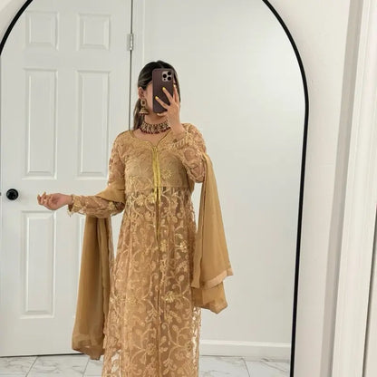 Indian Wedding Wear Long Style Net Sharara with Gold Sequin and Glitter Work for Women'S Party Wear Elegant Design and Versatile Occasion - Elegance, Dress Silk Golden Lightweight Outfit