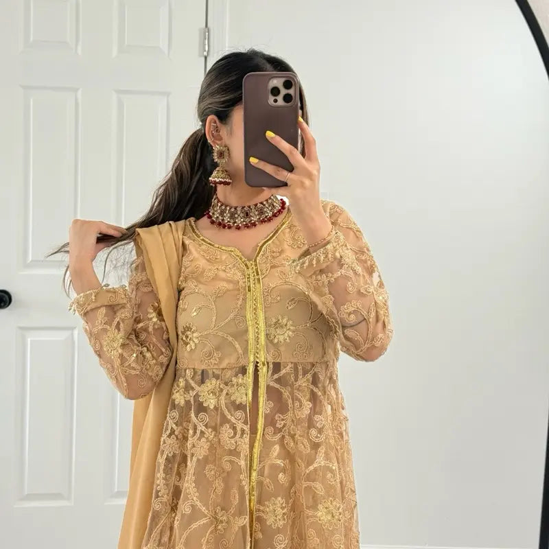 Indian Wedding Wear Long Style Net Sharara with Gold Sequin and Glitter Work for Women'S Party Wear Elegant Design and Versatile Occasion - Elegance, Dress Silk Golden Lightweight Outfit