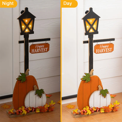 Glitzhome 36"H Rustic Lighted Wooden Pumpkin Lantern Lamp Post, Festive Decoration with Timer, Knock-Down Entryway Holiday Ornaments for Porch