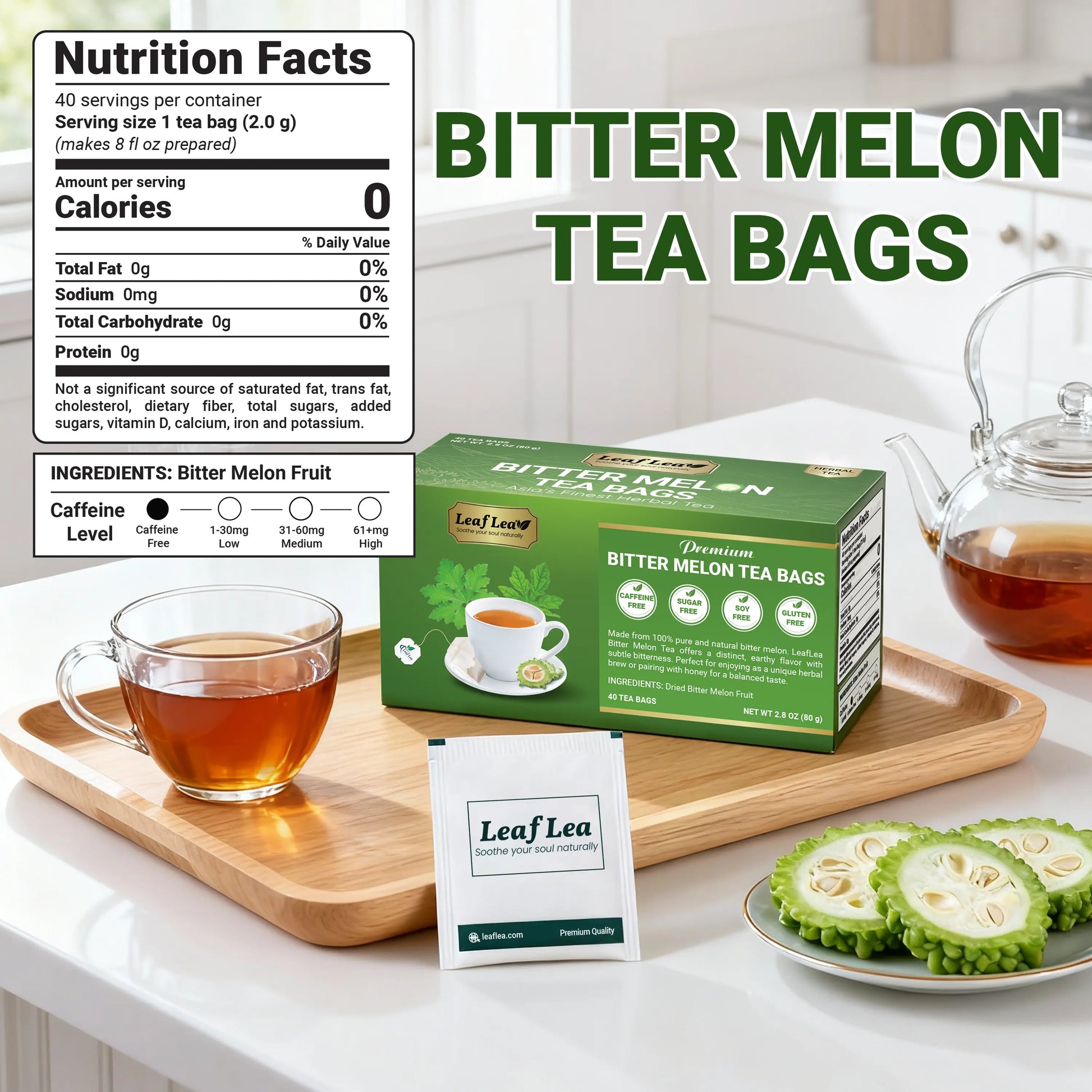 Leaflea Natural Bitter Melon Tea Bags, Cundeamor Herbal Tea Bags – Melon Amargo Gohyah Fruit Tea, Wellness & Digestion Support, Caffeine-Free, Non-Gmo, Sugar-Free, Vegan