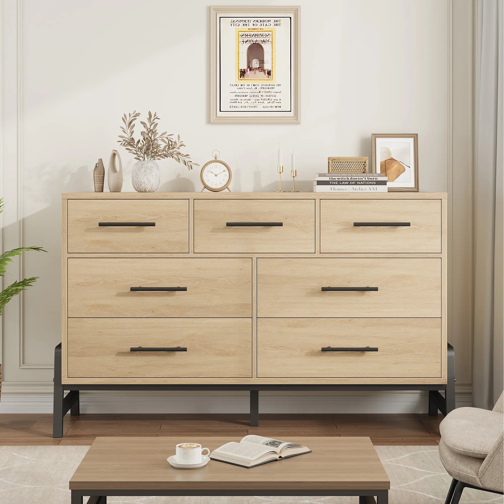 Modern 7-Drawer Wide Dresser for Bedroom - Freestanding Wooden Storage Chest - Large Drawers for Entryway, Living Room, or Closet - Natural Oak Finish
