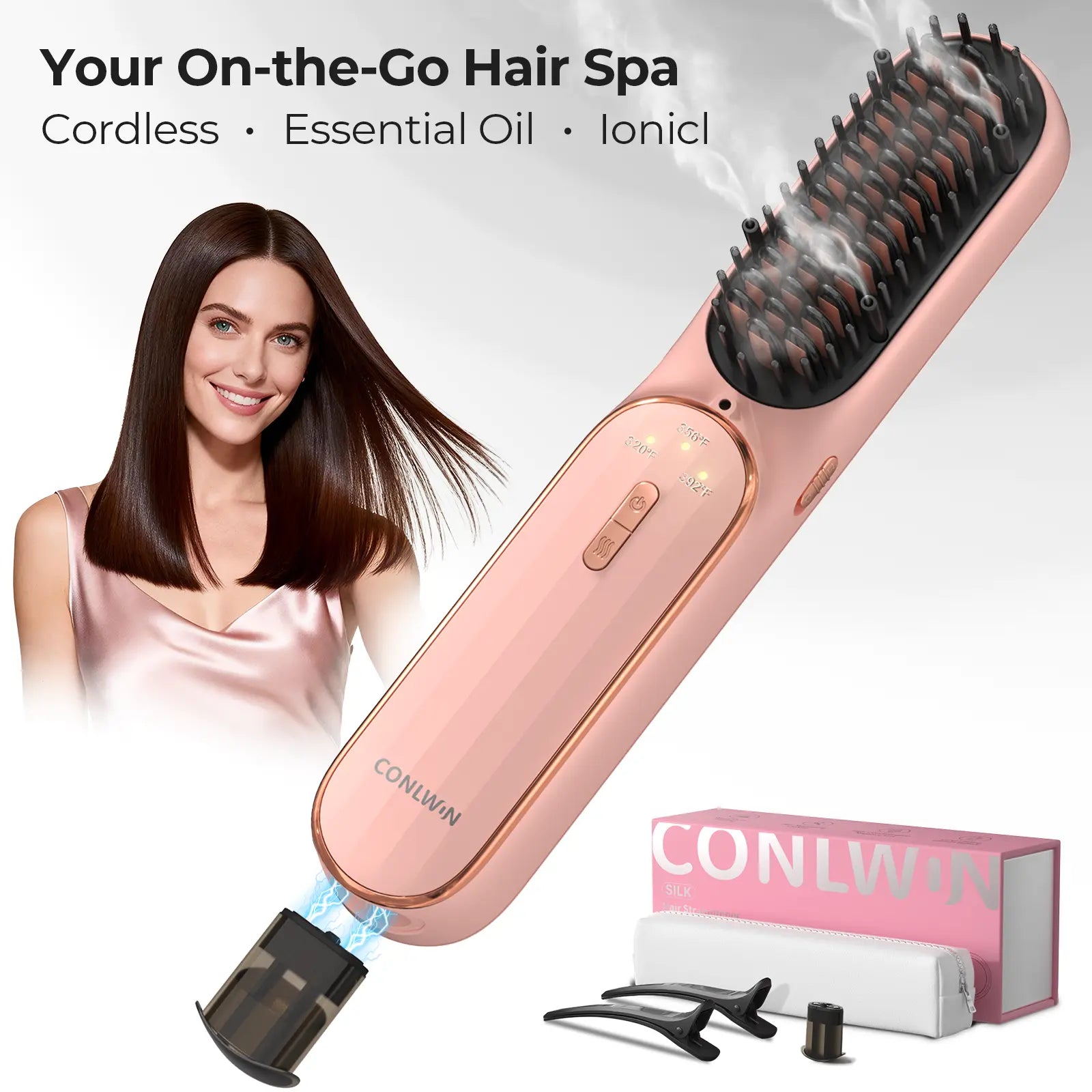 CONLWIN 2026 New Cordless Hair Straightener Brush, Portable for Travel Touch-Ups,Oil Nourished Salon Straightening Brush, Negative Ions Anti-Frizz, anti Scalding Ceramic Hot Comb with 3 Heat & Safety Lock