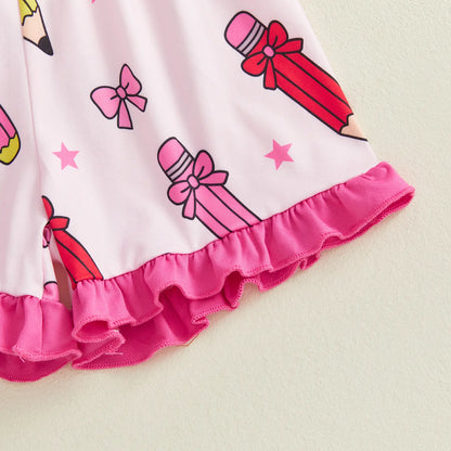 Toddler Girl Back to School Silk Pajamas Short Sleeve Apple Pencil Bow Print Shirt+Shorts First Day of School Outfit