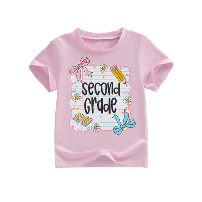 Toddler Baby Little Girl Back to School T Shirts Short Sleeve Grade Print Casual Summer Tops 4-11 Years