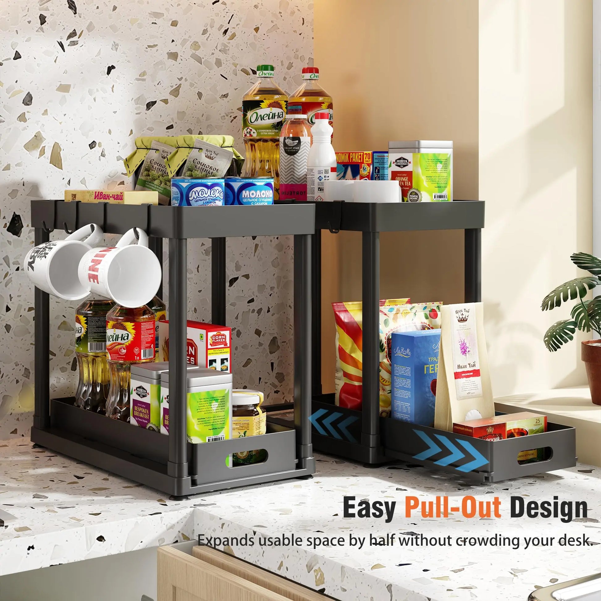 2Pcs under Sink Organizer - Multi-Purpose, 2 Tier Sliding Cabinet Basket, Metal Pipe, 8 Hooks for Kitchen and Bathoom under Sink Organizers and Storage