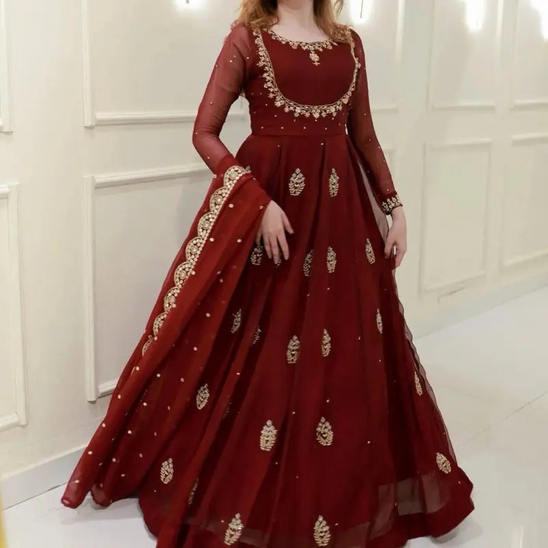 Modern Georgette Sequin Embroidery Gown with Dupatta | Indian Party & Wedding Wear for Women