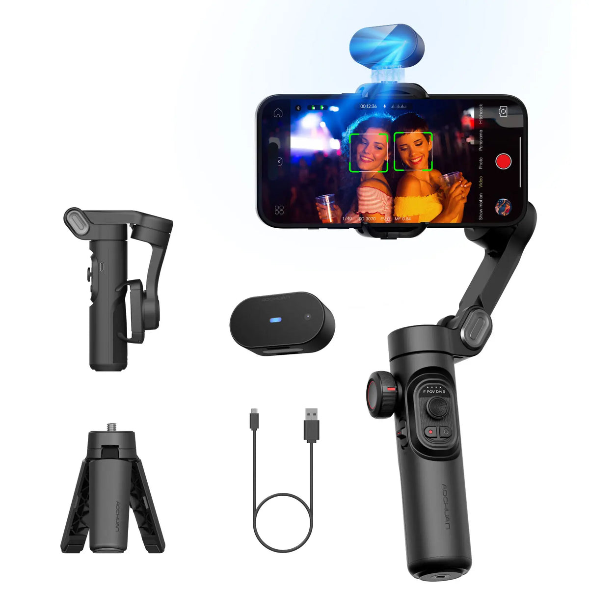 AOCHUAN 3-Axis Gimbal Stabilizer for Smartphone, Gimbal W/Rgb Magnetic Fill Light Upgraded Face Tracking Focus Wheel Foldable Iphone Gimbal for Iphone/Android Phone Gimbal Vlog Recording Smart XE-3