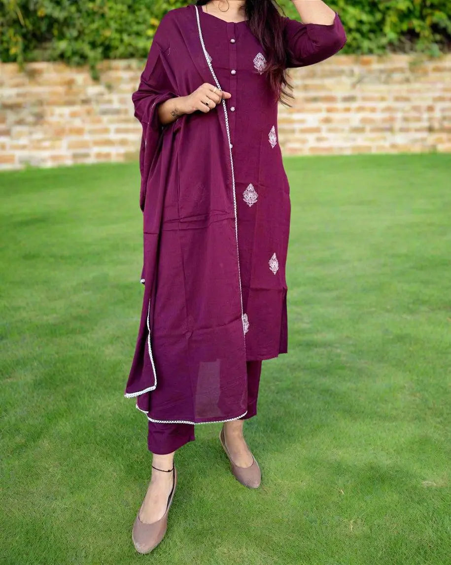 Maroon Indian Women 3Pcs Cotton Dress Suit Womenswear Aesthetic Asian Clothes Long Sleeve