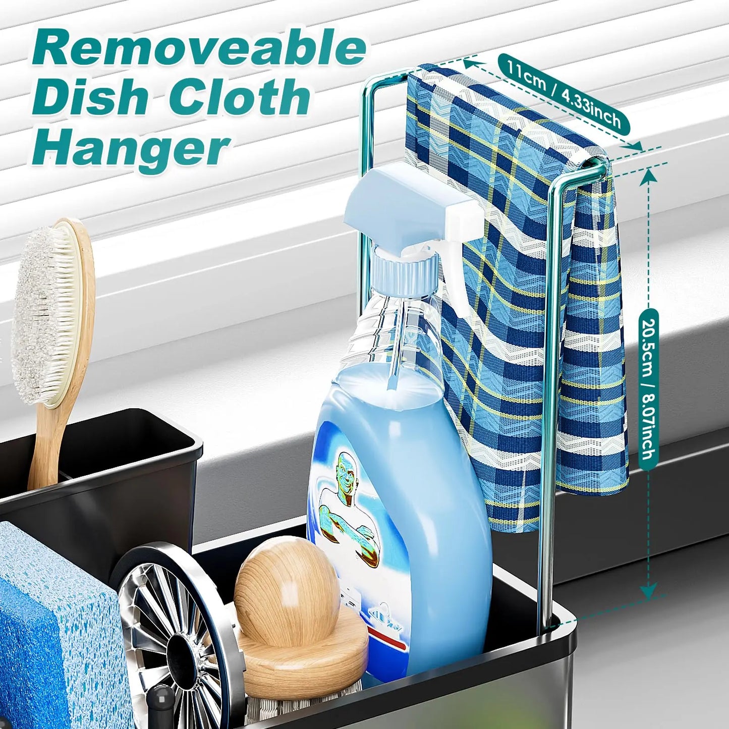 Stainless Steel Sink Caddy, Sponge Holder for Kitchen Sink with Brush Holder and Towel Rack, Sink Organizer for Countertop, Soap Dispenser Kitchen Organizers Storage Essentials