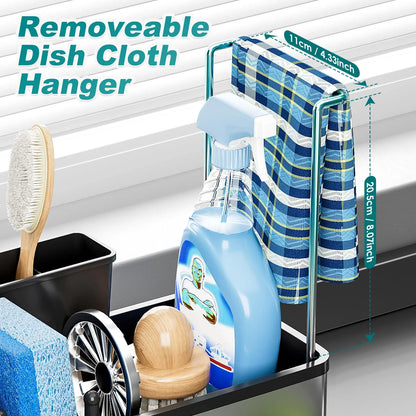 Stainless Steel Sink Caddy, Sponge Holder for Kitchen Sink with Brush Holder and Towel Rack, Sink Organizer for Countertop, Soap Dispenser Kitchen Organizers Storage Essentials