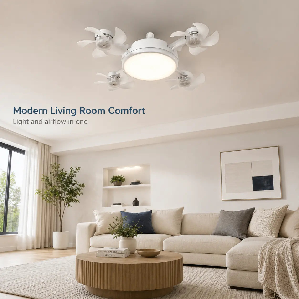 Ceiling Fan Light with Remote Control, 19.69 Inch Screw in Fan Heads, Quiet Airflow & Bright Lighting, Easy LED Fan Light, E26/E27 Base Foldable Ceiling Fan with 4 Installation for Bedroom, Living Room, Kitchen, Office, Dorm, Small Room Use
