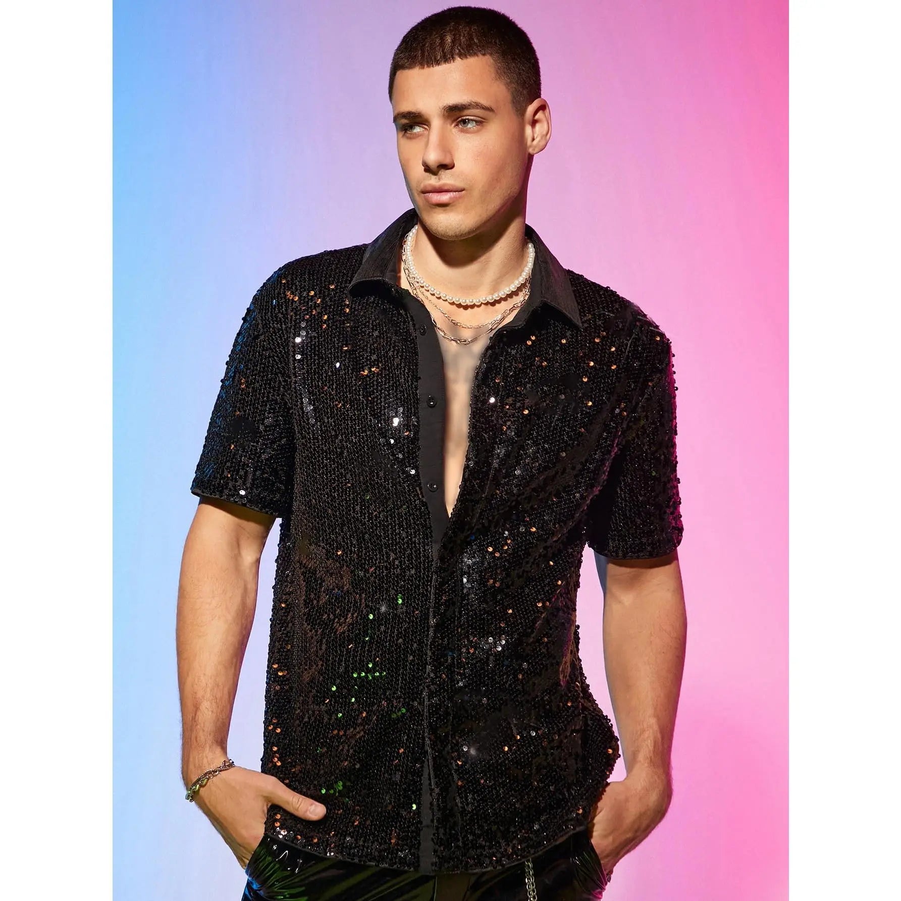 Men'S Short Sleeve Sequin Collared Shirt - Color Block Button-Down Menswear Top, Soft Polyester Fabric for Evening Club Nights, Men'S Fashion Party Wear