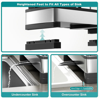 Stainless Steel Sink Caddy, Sponge Holder for Kitchen Sink with Brush Holder and Towel Rack, Sink Organizer for Countertop, Soap Dispenser Kitchen Organizers Storage Essentials