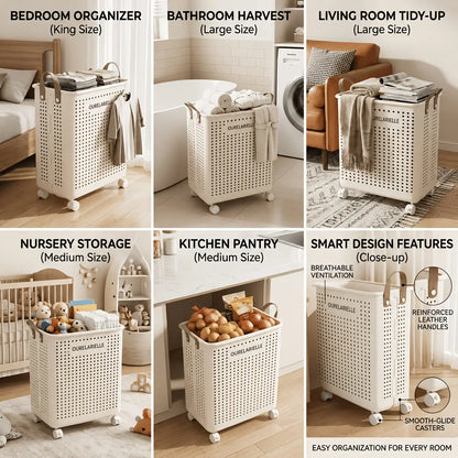 Foldable Laundry Basket with Wheels, Portable Rolling Laundry Hamper with Handles, Breathable Clothes Storage Basket for Bedroom, Bathroom, Laundry Room, Balcony, Closet, Make Home Storage Easier, Laundry Baskets