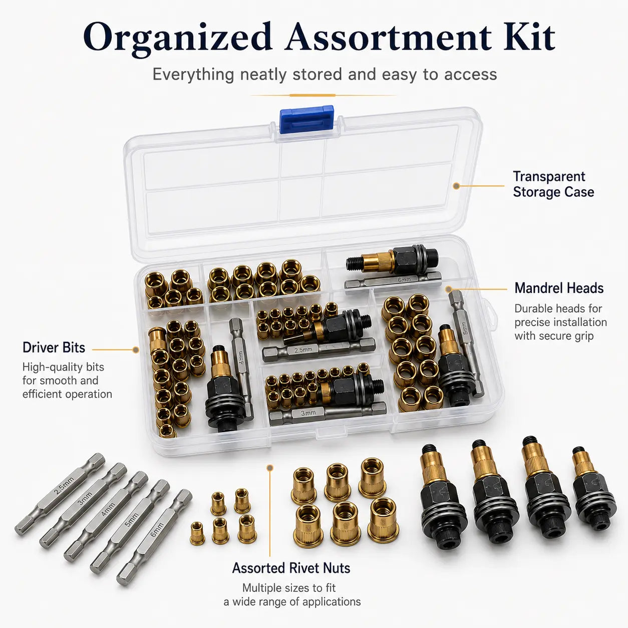 Rivet Nut Tool Kit, Rivet Nut Adapter Set with M3 M4 M5 M6 M8 Mandrel Heads & Hex Driver Bits, Nutsert Installation Kit for Drill, Metal Sheet, Automotive, Furniture & DIY Repair
