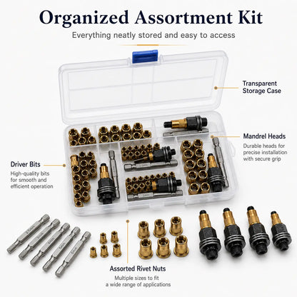 Rivet Nut Tool Kit, Rivet Nut Adapter Set with M3 M4 M5 M6 M8 Mandrel Heads & Hex Driver Bits, Nutsert Installation Kit for Drill, Metal Sheet, Automotive, Furniture & DIY Repair