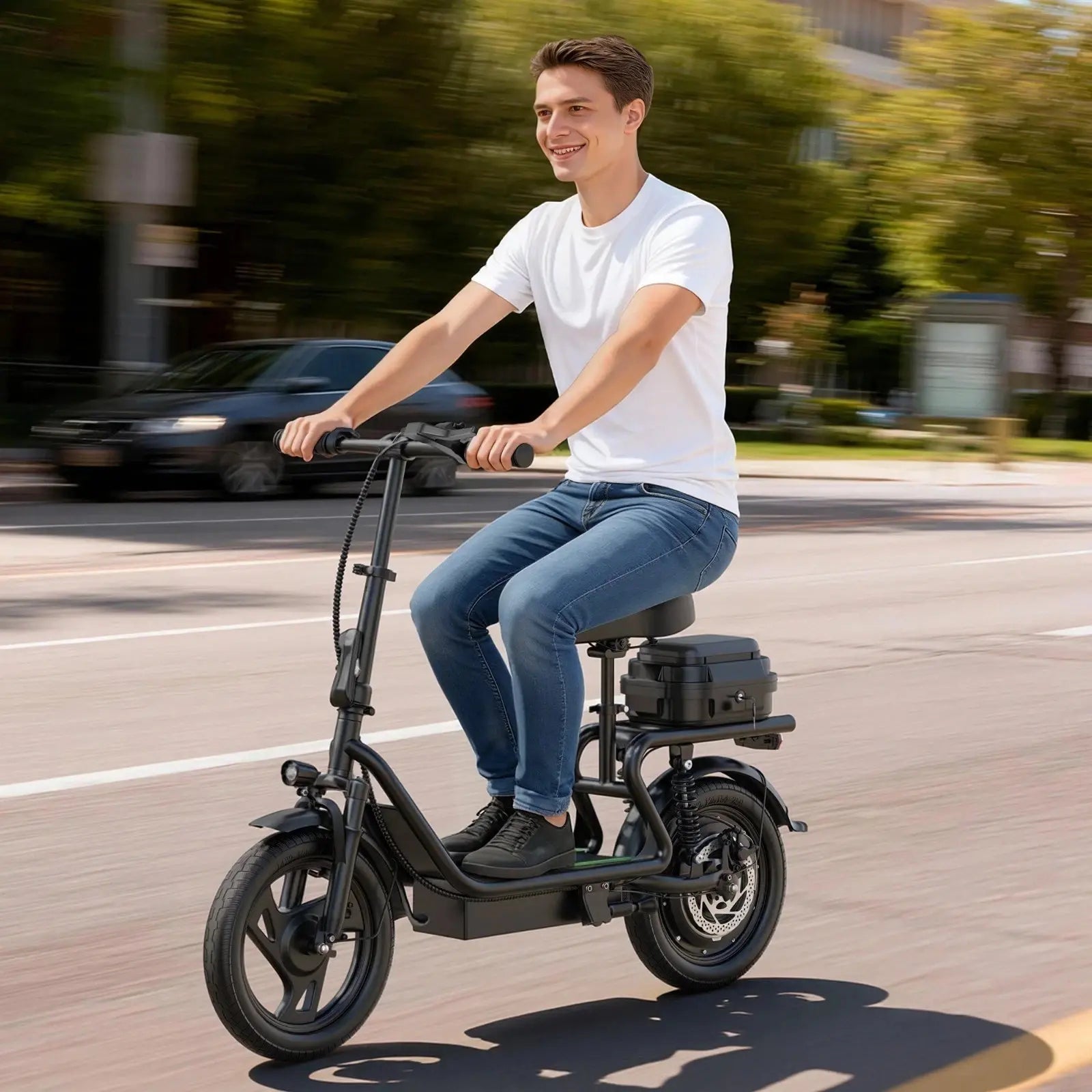 48V Dual Battery Foldable Electric Scooter with Seat, Rear Storage Box, 750W Peak Power, 22MPH Fast Speed, 21-27 Mi Range, 14" Anti-Slip Inflatable Tires, Dual Brake System, 51Lbs Lightweight, 265Lbs Max Load, Waterproof LED Headlamp