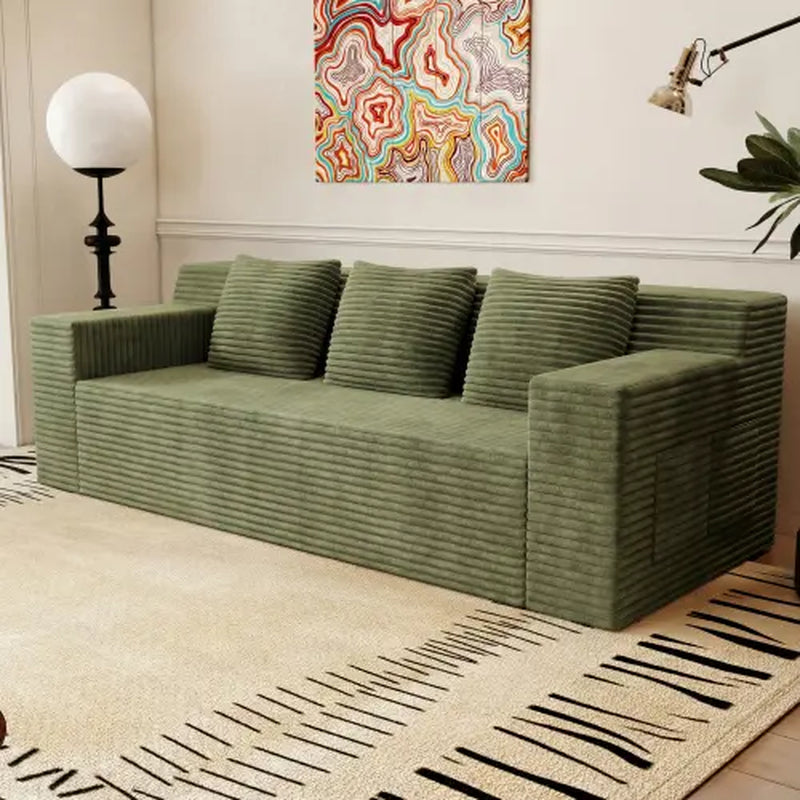 71-Inch 3-Seat Boneless Sofa, Corduroy Foam Couch with 3 Throw Pillows, Straight Arms, Side Pockets, No Assembly Required