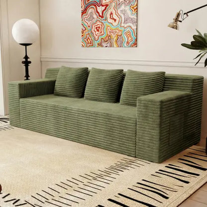 71-Inch 3-Seat Boneless Sofa, Corduroy Foam Couch with 3 Throw Pillows, Straight Arms, Side Pockets, No Assembly Required