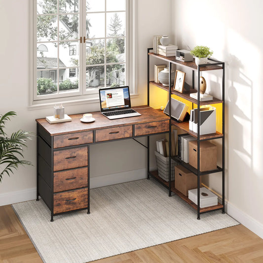 Garvee L-Shaped Computer Desk Organizer – 6 Drawers & 5-Tier Shelves, Built-In LED Lights & Power Outlets, 47.2" Modern Corner Workstation – Sturdy Wooden Design for Home Office, Study, Gaming – Sunset Cloud Color – Maximize Corner Space