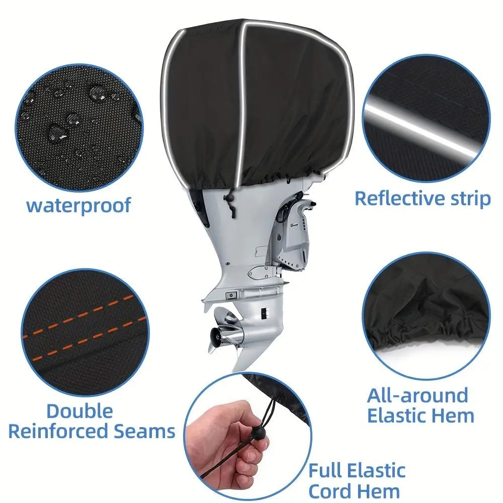 Outboard Engine Cover Half-Enclosed Boat Engine Hood with Reflective Strips, Adjustable 600D Material Waterproof Windproof Tear-Resistant Boating Accessories