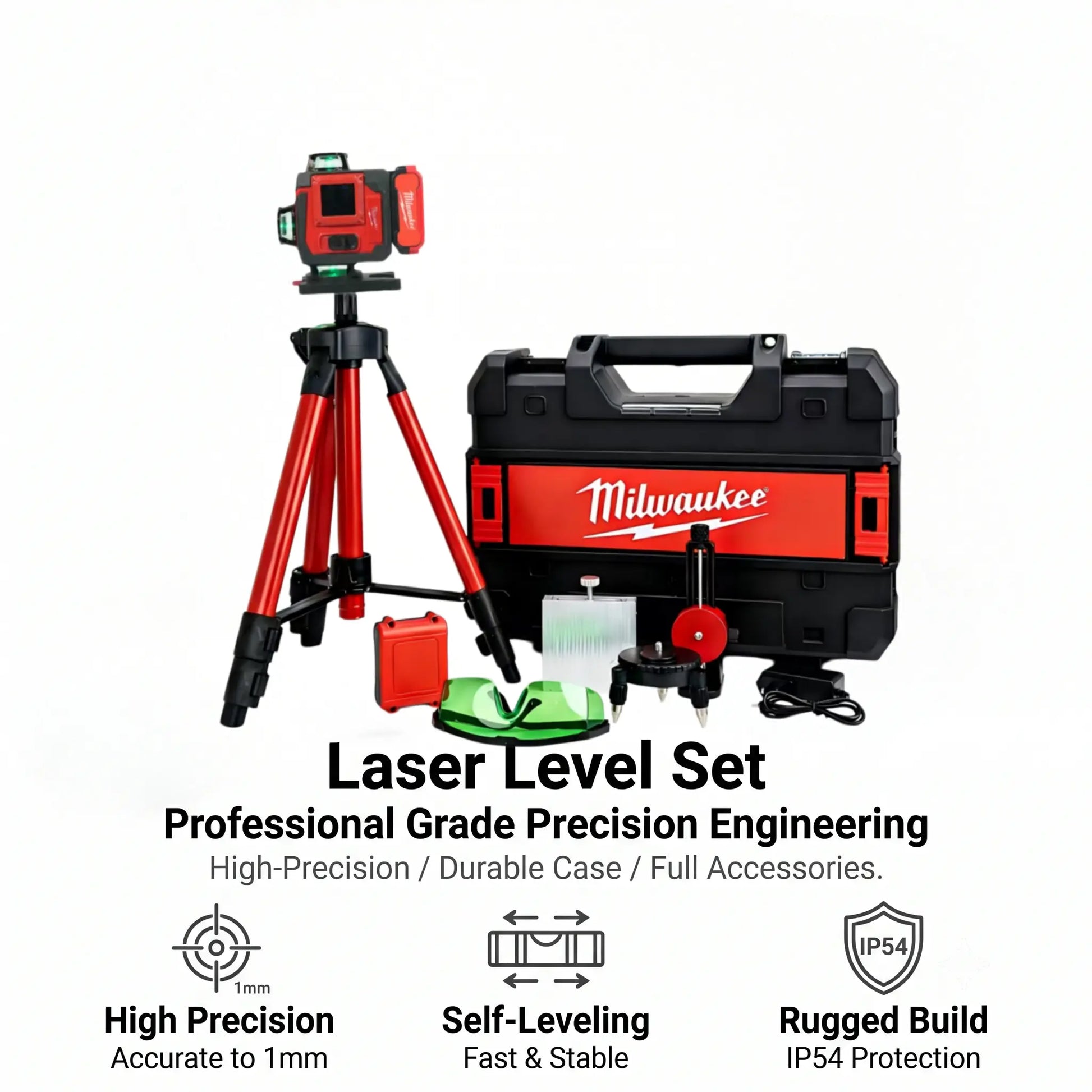 Milwaukee 4D16-Line Laser Level Kit with Dual Horizontal and Vertical 360° Laser,Gravity Pendulum Balancing System,Manual Slope Lock,Precise Measuring,Complete Mounting,Control Accessories for Tile Paving,Ceiling Installation,On-Site Building Layout Works