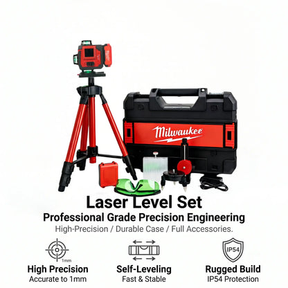 Milwaukee 4D16-Line Laser Level Kit with Dual Horizontal and Vertical 360° Laser,Gravity Pendulum Balancing System,Manual Slope Lock,Precise Measuring,Complete Mounting,Control Accessories for Tile Paving,Ceiling Installation,On-Site Building Layout Works