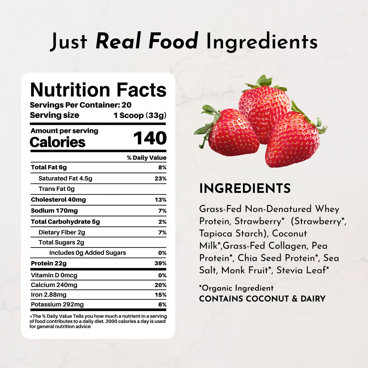 Just Ingredients Strawberries & Cream Protein Powder - 20 Serving Blend with 100% Grass-Fed Whey & Organic Plant Proteins – Real Strawberry Flavor – Supports Muscle Recovery, Energy*