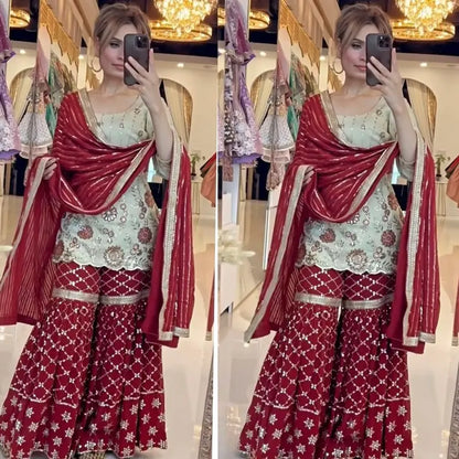 Indian Sharara - Red Traditional Dress with Floral Embroidery and Matching Accessories