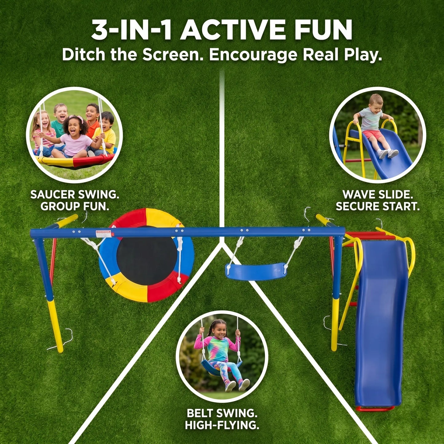 Unisex 3-In-1 Heavy-Duty Metal Playground Equipment Combo - Backyard A-Frame Stand, Toddler Outdoor Slide, 32" Saucer Swing Seat, PE Kids Sports Play Gear, Toddler Slide Outdoor