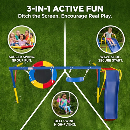 Unisex 3-In-1 Heavy-Duty Metal Playground Equipment Combo - Backyard A-Frame Stand, Toddler Outdoor Slide, 32" Saucer Swing Seat, PE Kids Sports Play Gear, Toddler Slide Outdoor