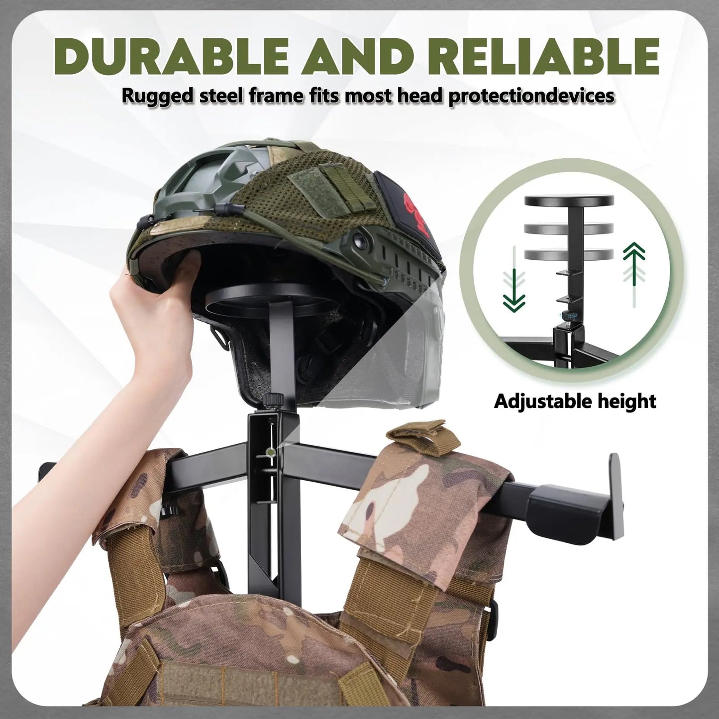 Heavy Duty Tactical Gear Stand Helmet Vest Belt Display Rack, All-Steel Adjustable Tactical Vest Hanger, Hold up to 70 Lbs, Silicone Base