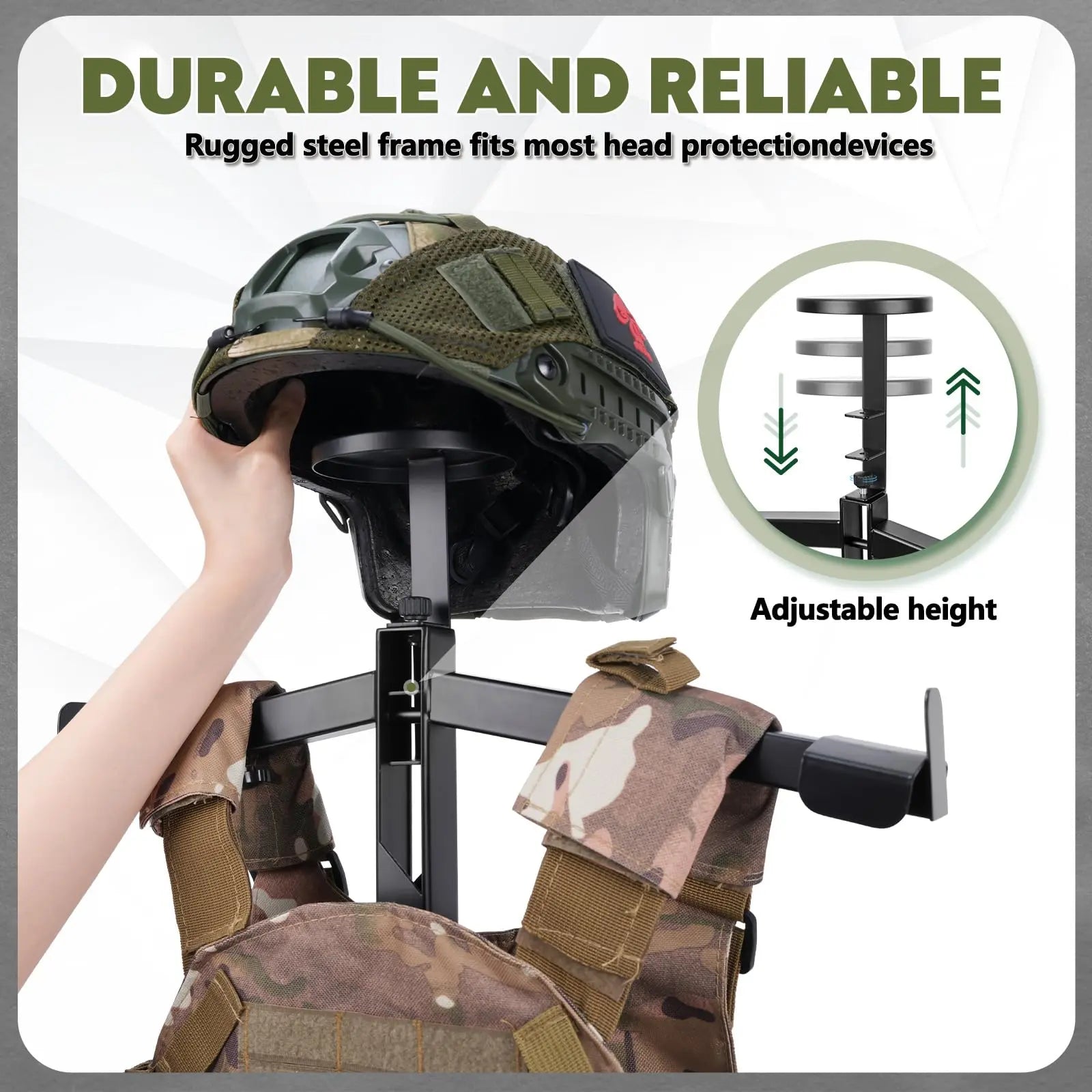 Heavy Duty Tactical Gear Stand Helmet Vest Belt Display Rack, All-Steel Adjustable Tactical Vest Hanger, Hold up to 70 Lbs, Silicone Base