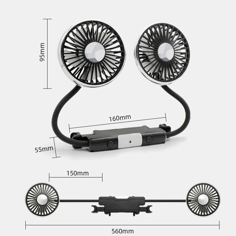 Car USB Fan Dual Head Cooling Air Fan Independent Switch 3-Speed 360 Degree Adjustable Auto Headrest Fan for Rear Seat