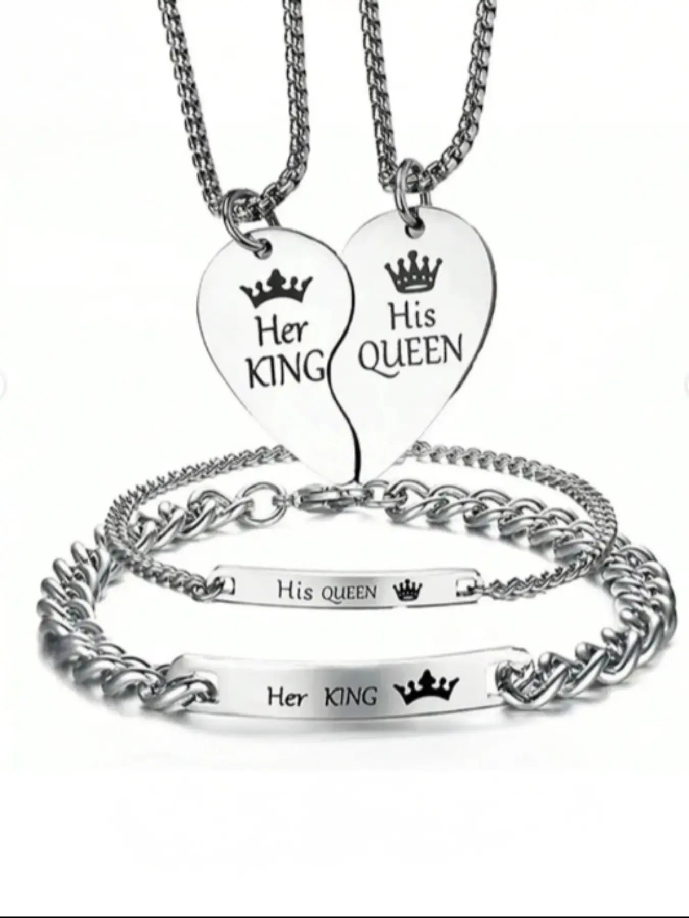 His Queen Her King Couple Necklace Bracelet Set, Couples Jewelry, Jewelry Sets, Unique Design, Durable Stainless Steel Romantic Gift, Perfect for Boyfriend Girlfriend, Valentine'S Day Christmas, Matching Necklaces, All Season Wear