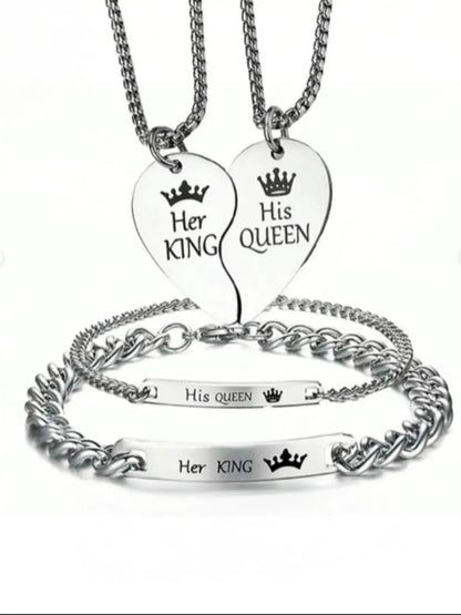 His Queen Her King Couple Necklace Bracelet Set, Couples Jewelry, Jewelry Sets, Unique Design, Durable Stainless Steel Romantic Gift, Perfect for Boyfriend Girlfriend, Valentine'S Day Christmas, Matching Necklaces, All Season Wear