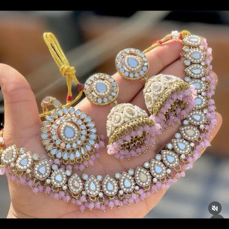 Indian Wedding Mirror Jewelry Set - Mirror Necklace, Tikka, Jhumka Earrings