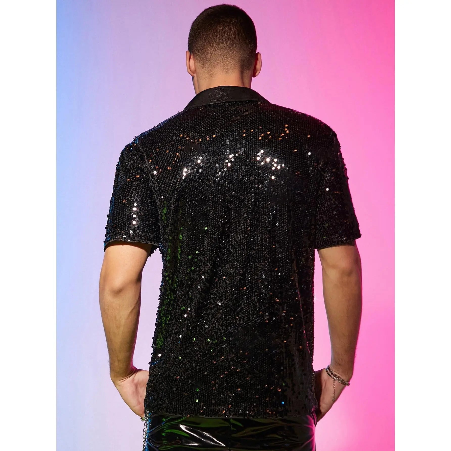 Men'S Short Sleeve Sequin Collared Shirt - Color Block Button-Down Menswear Top, Soft Polyester Fabric for Evening Club Nights, Men'S Fashion Party Wear