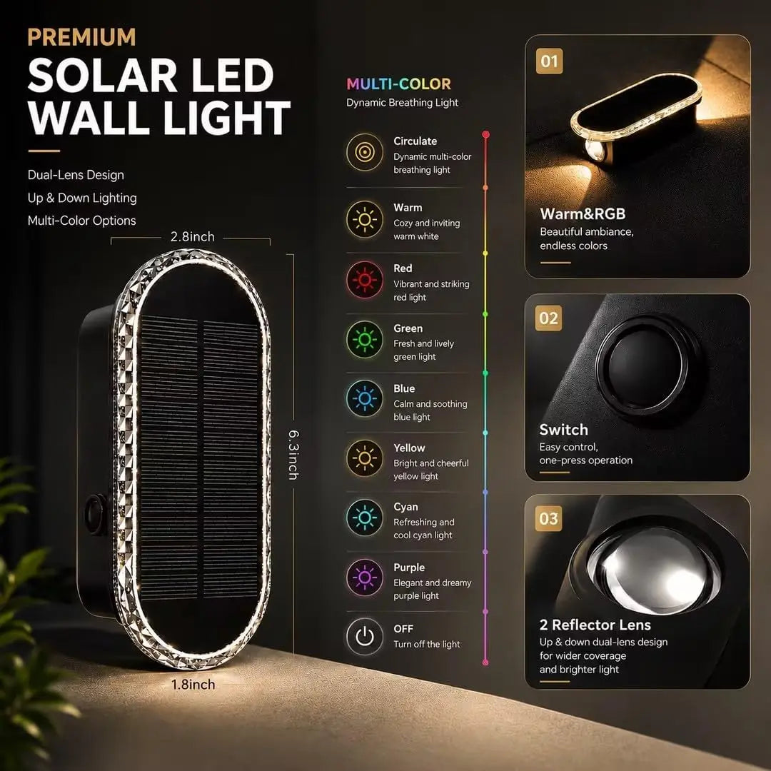 DERAYSION Solar Wall Lights Outdoor up down Dual-Lens, 2/4/6/10 Pack, Warm White + 7 Fixed RGB Colors & Cycle Mode, IP65 Waterproof Solar Fence Lights for Patio Garden Yard