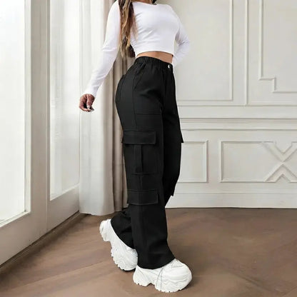 Women’S Cargo Straight-Leg Pants, Mid-Rise Elastic Waistband, Large Side Pockets, Drapey Fabric, Versatile Wide-Leg Floor-Length Casual Pants, Street-Style Trendy Long Pants Summerwins
