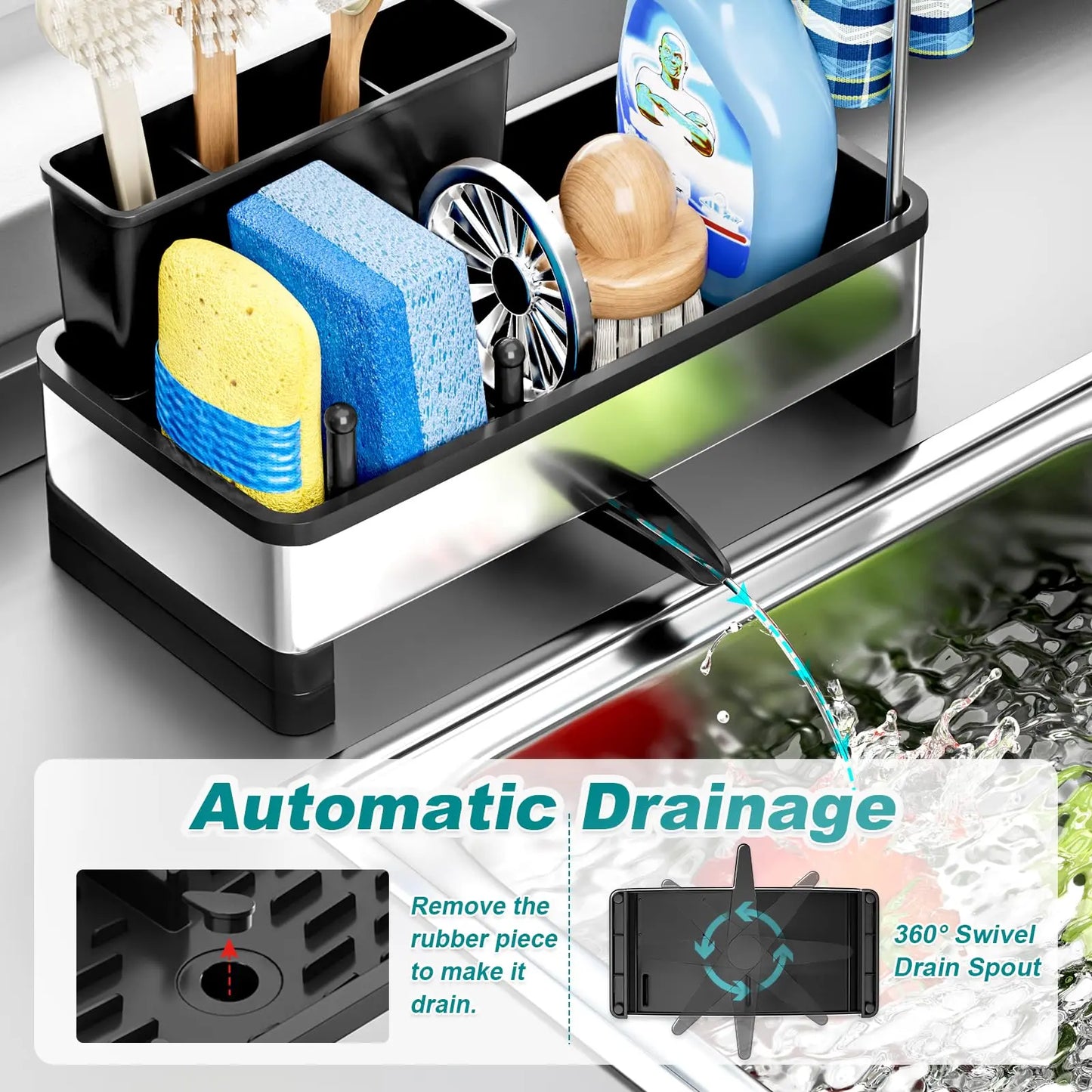 Stainless Steel Sink Caddy, Sponge Holder for Kitchen Sink with Brush Holder and Towel Rack, Sink Organizer for Countertop, Soap Dispenser Kitchen Organizers Storage Essentials