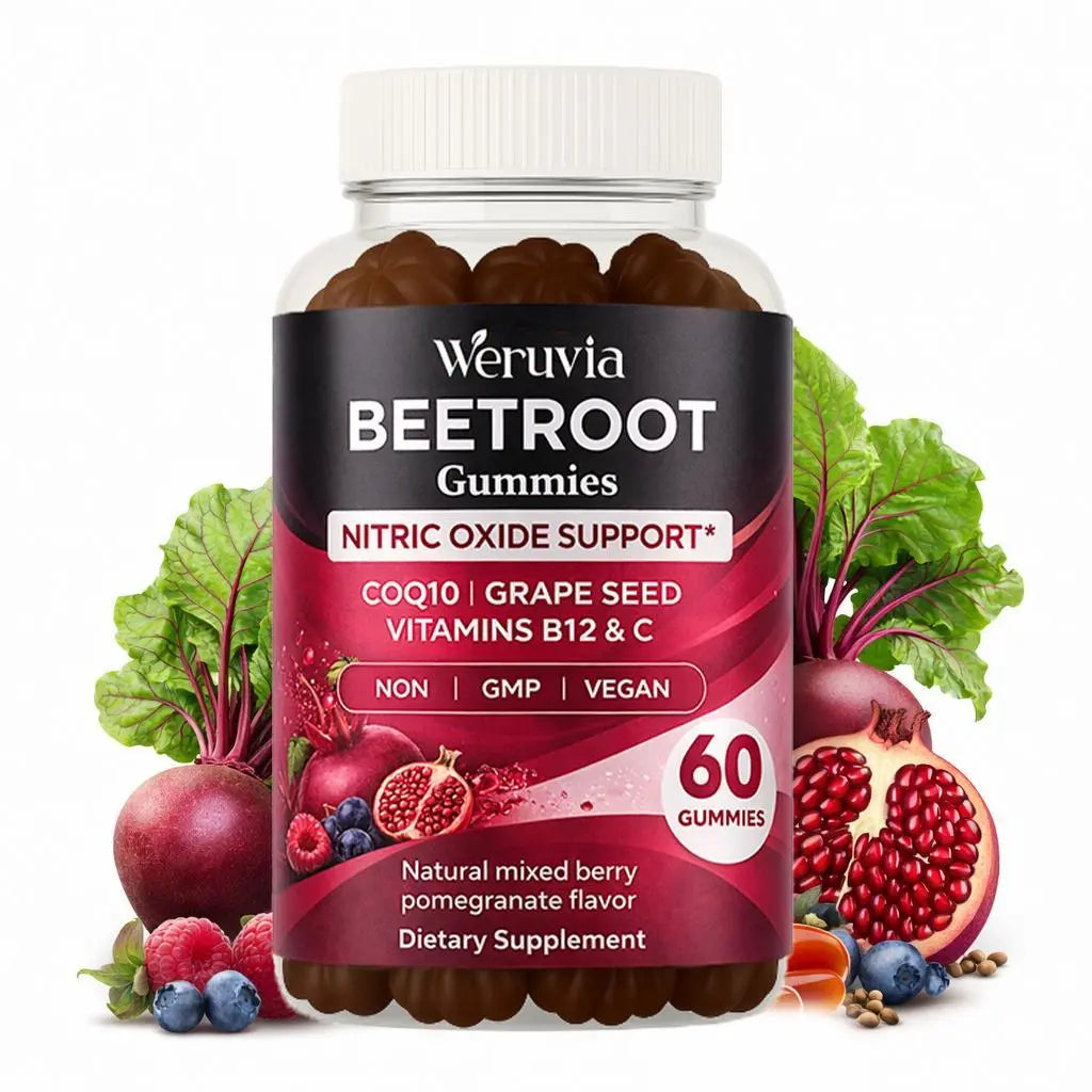 Beetroot Gummies — a Beetroot Supplement Enriched with Coq10, Grape Seed Extract, Vitamin C, B12, and B3 — Nitric Oxide Gummies to Promote Blood Circulation — a Beetroot Product for Energy Support and Immune Boosting
